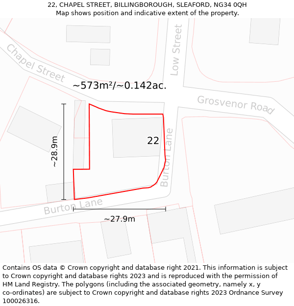 22, CHAPEL STREET, BILLINGBOROUGH, SLEAFORD, NG34 0QH: Plot and title map