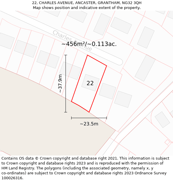22, CHARLES AVENUE, ANCASTER, GRANTHAM, NG32 3QH: Plot and title map