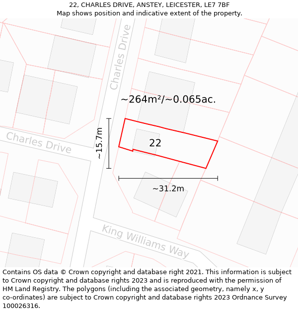 22, CHARLES DRIVE, ANSTEY, LEICESTER, LE7 7BF: Plot and title map