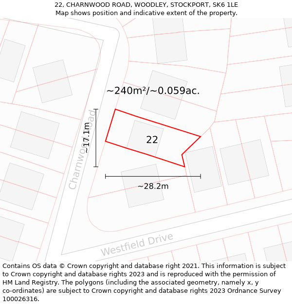 22, CHARNWOOD ROAD, WOODLEY, STOCKPORT, SK6 1LE: Plot and title map