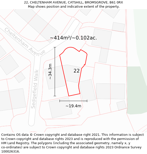 22, CHELTENHAM AVENUE, CATSHILL, BROMSGROVE, B61 0RX: Plot and title map