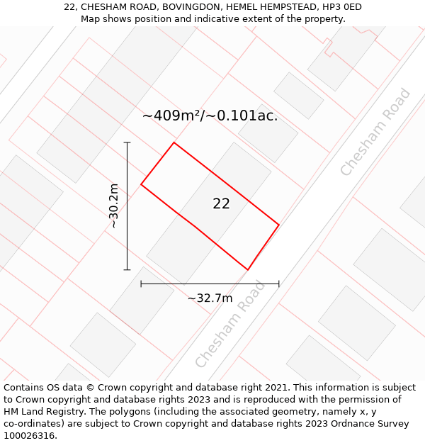 22, CHESHAM ROAD, BOVINGDON, HEMEL HEMPSTEAD, HP3 0ED: Plot and title map