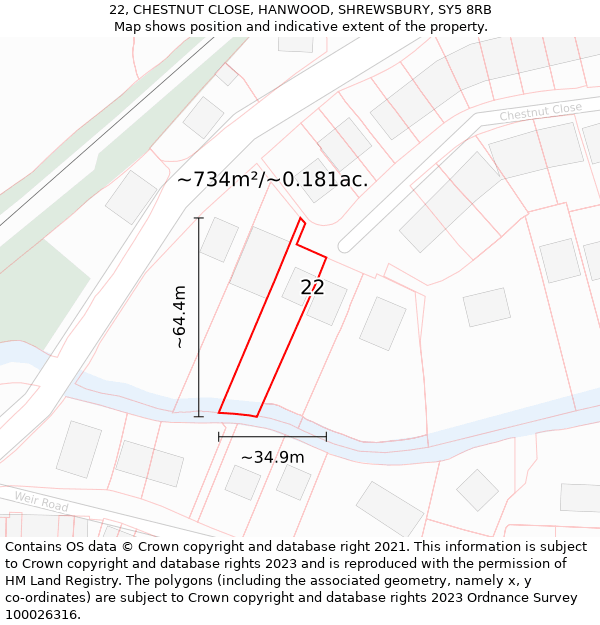 22, CHESTNUT CLOSE, HANWOOD, SHREWSBURY, SY5 8RB: Plot and title map