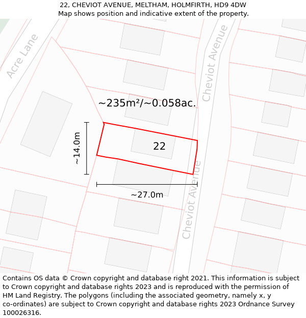 22, CHEVIOT AVENUE, MELTHAM, HOLMFIRTH, HD9 4DW: Plot and title map