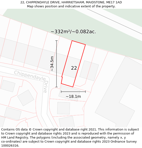 22, CHIPPENDAYLE DRIVE, HARRIETSHAM, MAIDSTONE, ME17 1AD: Plot and title map