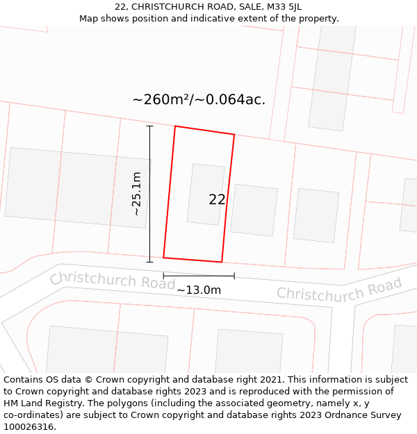 22, CHRISTCHURCH ROAD, SALE, M33 5JL: Plot and title map