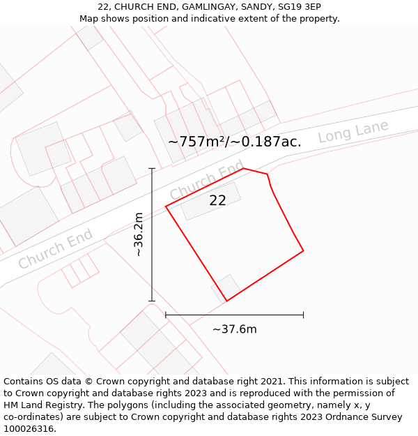 22, CHURCH END, GAMLINGAY, SANDY, SG19 3EP: Plot and title map