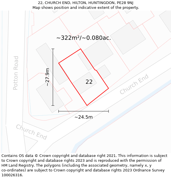 22, CHURCH END, HILTON, HUNTINGDON, PE28 9NJ: Plot and title map