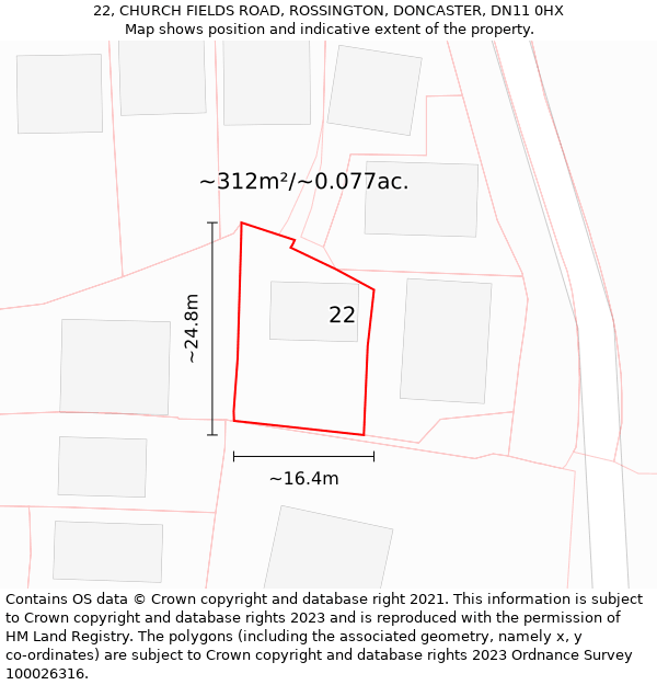 22, CHURCH FIELDS ROAD, ROSSINGTON, DONCASTER, DN11 0HX: Plot and title map