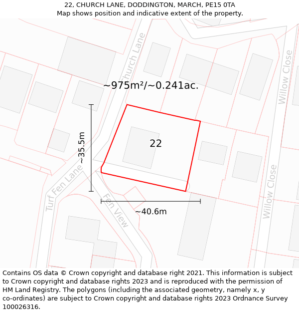 22, CHURCH LANE, DODDINGTON, MARCH, PE15 0TA: Plot and title map