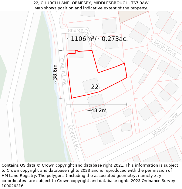 22, CHURCH LANE, ORMESBY, MIDDLESBROUGH, TS7 9AW: Plot and title map