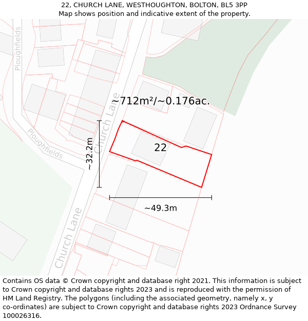 22, CHURCH LANE, WESTHOUGHTON, BOLTON, BL5 3PP: Plot and title map