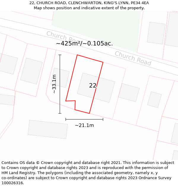 22, CHURCH ROAD, CLENCHWARTON, KING'S LYNN, PE34 4EA: Plot and title map