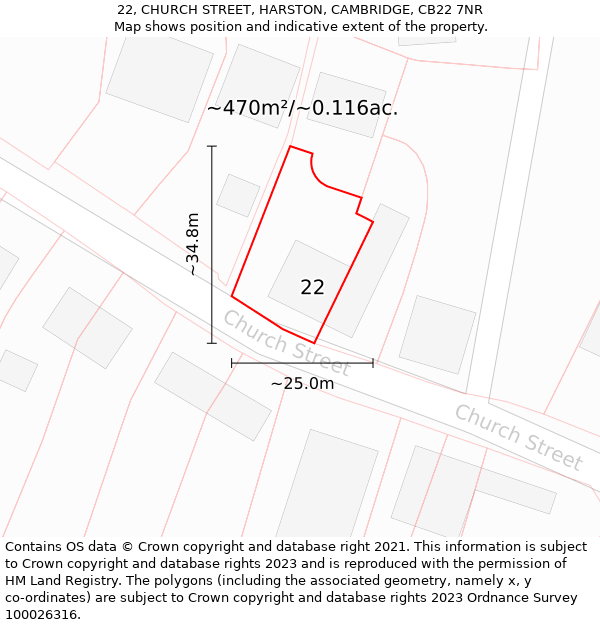 22, CHURCH STREET, HARSTON, CAMBRIDGE, CB22 7NR: Plot and title map
