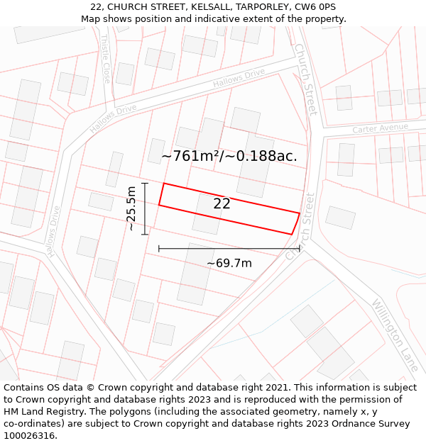 22, CHURCH STREET, KELSALL, TARPORLEY, CW6 0PS: Plot and title map