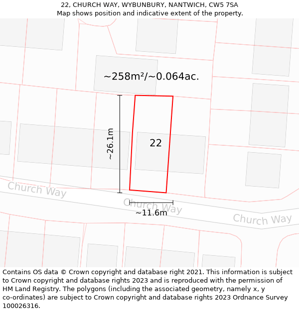 22, CHURCH WAY, WYBUNBURY, NANTWICH, CW5 7SA: Plot and title map