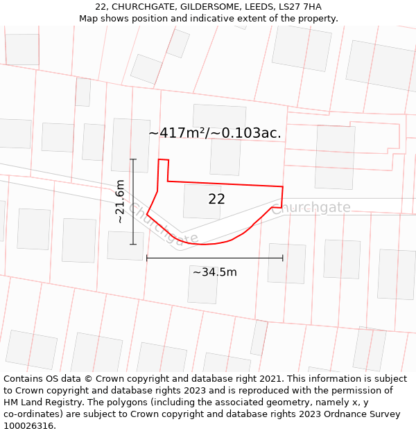 22, CHURCHGATE, GILDERSOME, LEEDS, LS27 7HA: Plot and title map