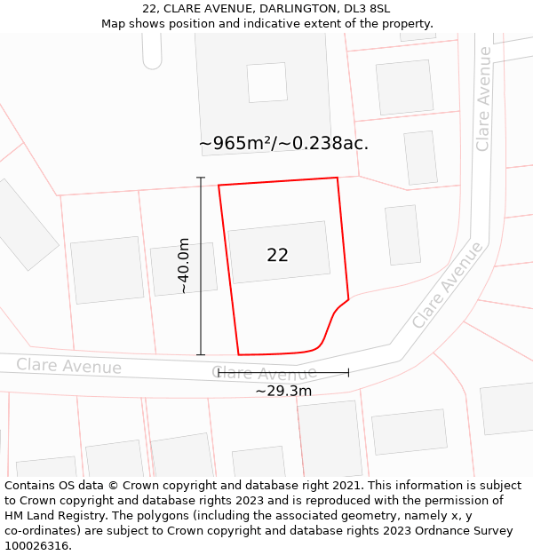 22, CLARE AVENUE, DARLINGTON, DL3 8SL: Plot and title map