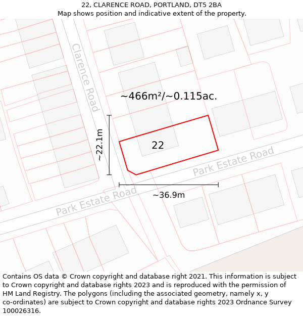 22, CLARENCE ROAD, PORTLAND, DT5 2BA: Plot and title map