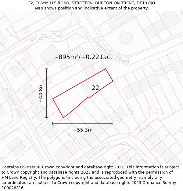 22, CLAYMILLS ROAD, STRETTON, BURTON-ON-TRENT, DE13 0JQ: Plot and title map