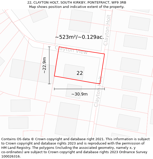 22, CLAYTON HOLT, SOUTH KIRKBY, PONTEFRACT, WF9 3RB: Plot and title map