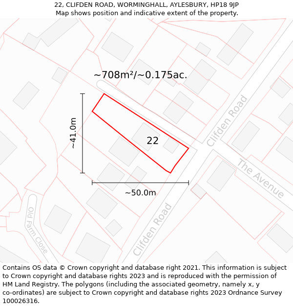 22, CLIFDEN ROAD, WORMINGHALL, AYLESBURY, HP18 9JP: Plot and title map