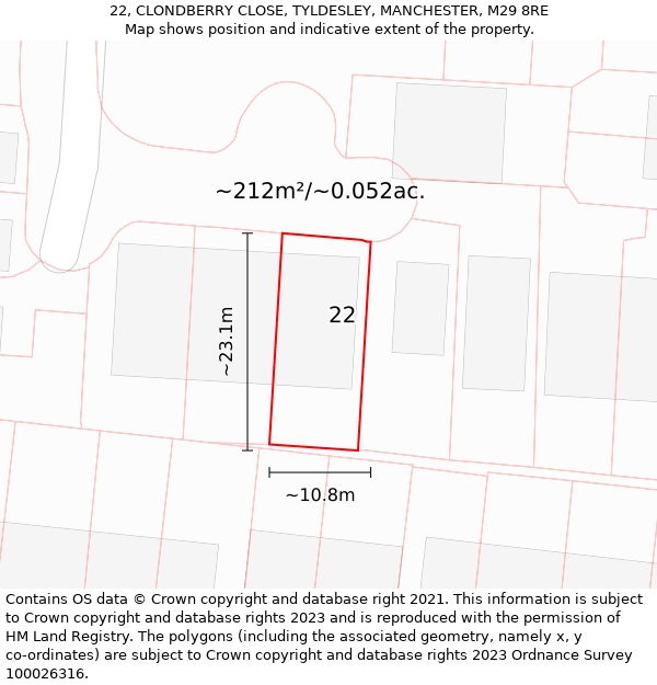 22, CLONDBERRY CLOSE, TYLDESLEY, MANCHESTER, M29 8RE: Plot and title map