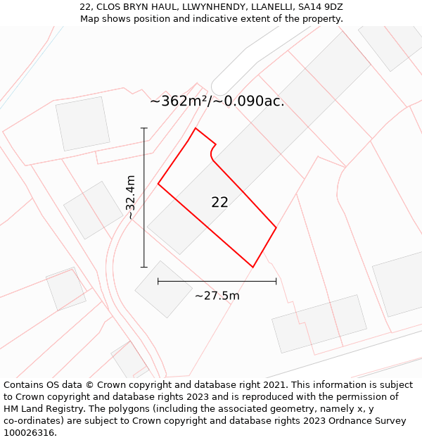 22, CLOS BRYN HAUL, LLWYNHENDY, LLANELLI, SA14 9DZ: Plot and title map