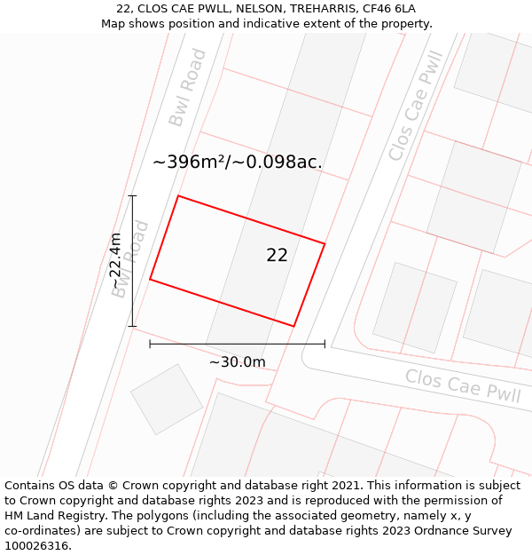 22, CLOS CAE PWLL, NELSON, TREHARRIS, CF46 6LA: Plot and title map