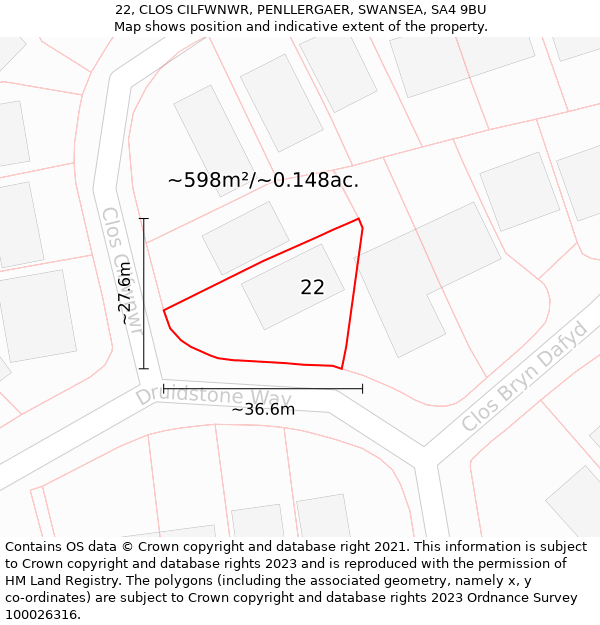 22, CLOS CILFWNWR, PENLLERGAER, SWANSEA, SA4 9BU: Plot and title map