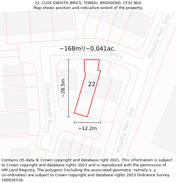 22, CLOS GWAITH BRICS, TONDU, BRIDGEND, CF32 9GA: Plot and title map