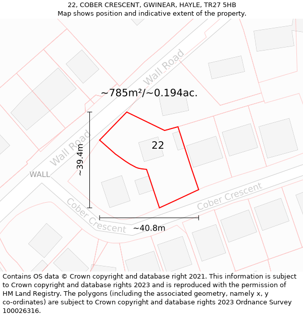 22, COBER CRESCENT, GWINEAR, HAYLE, TR27 5HB: Plot and title map