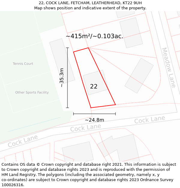 22, COCK LANE, FETCHAM, LEATHERHEAD, KT22 9UH: Plot and title map