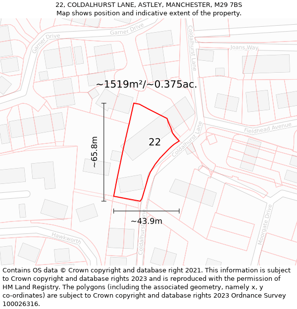 22, COLDALHURST LANE, ASTLEY, MANCHESTER, M29 7BS: Plot and title map