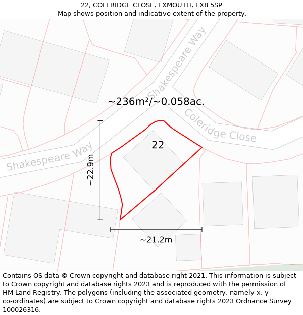 22, COLERIDGE CLOSE, EXMOUTH, EX8 5SP: Plot and title map