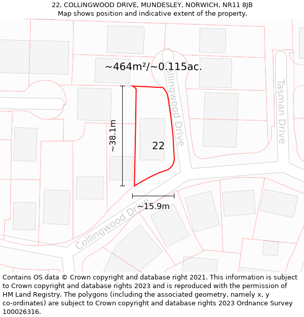 22, COLLINGWOOD DRIVE, MUNDESLEY, NORWICH, NR11 8JB: Plot and title map