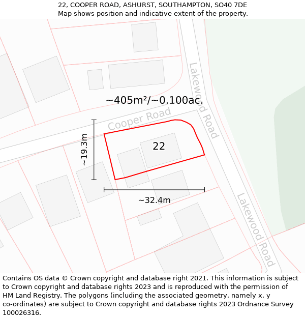 22, COOPER ROAD, ASHURST, SOUTHAMPTON, SO40 7DE: Plot and title map