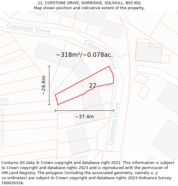 22, COPSTONE DRIVE, DORRIDGE, SOLIHULL, B93 8DJ: Plot and title map