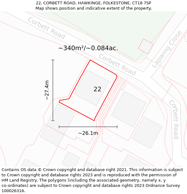 22, CORBETT ROAD, HAWKINGE, FOLKESTONE, CT18 7SP: Plot and title map