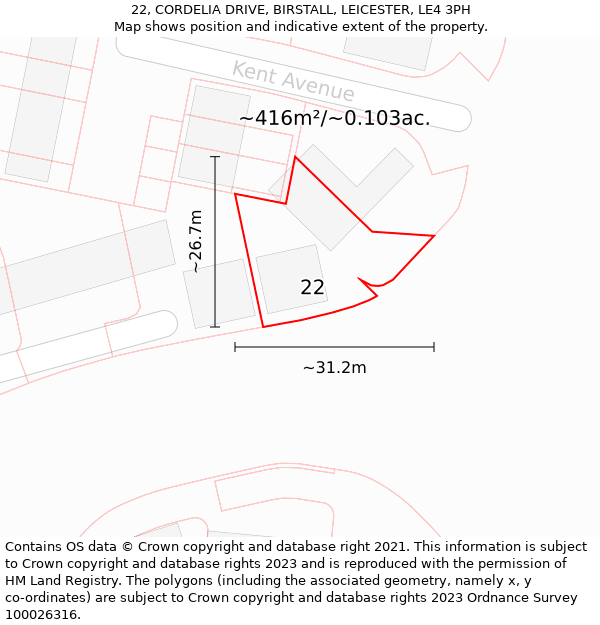 22, CORDELIA DRIVE, BIRSTALL, LEICESTER, LE4 3PH: Plot and title map