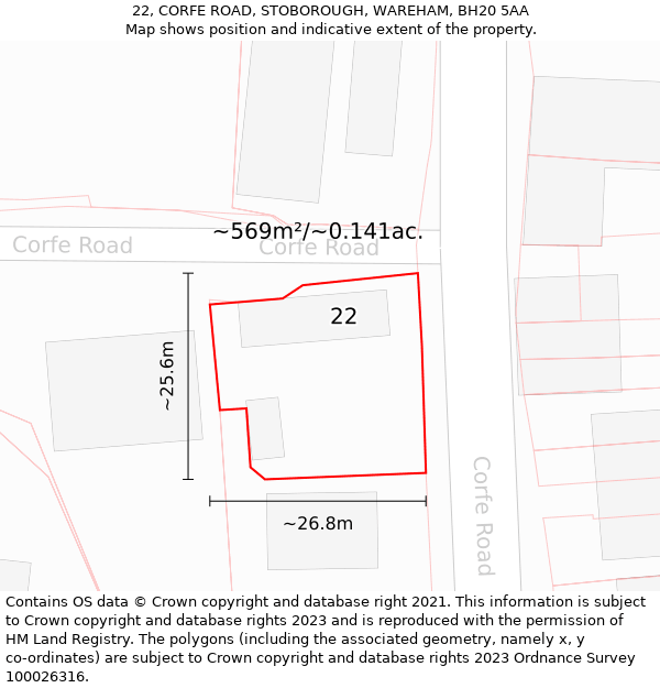 22, CORFE ROAD, STOBOROUGH, WAREHAM, BH20 5AA: Plot and title map