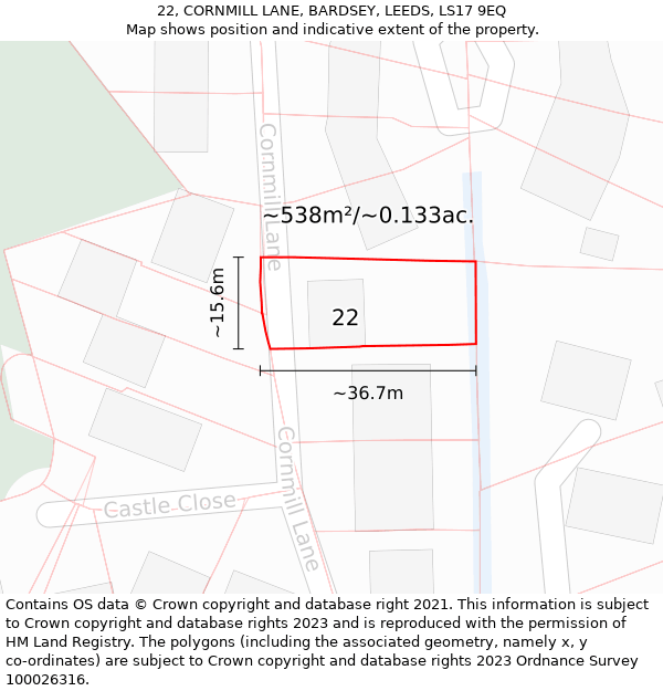 22, CORNMILL LANE, BARDSEY, LEEDS, LS17 9EQ: Plot and title map