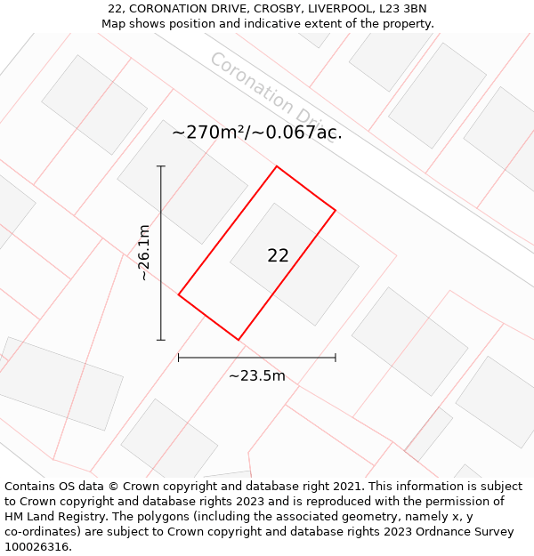 22, CORONATION DRIVE, CROSBY, LIVERPOOL, L23 3BN: Plot and title map