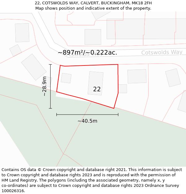 22, COTSWOLDS WAY, CALVERT, BUCKINGHAM, MK18 2FH: Plot and title map