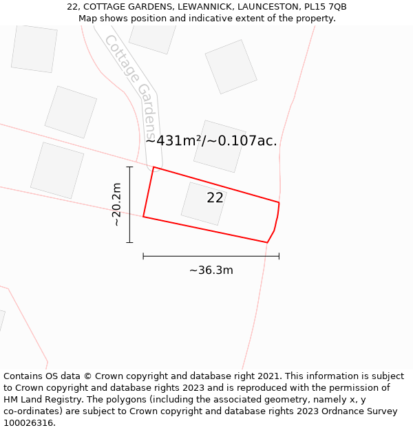 22, COTTAGE GARDENS, LEWANNICK, LAUNCESTON, PL15 7QB: Plot and title map