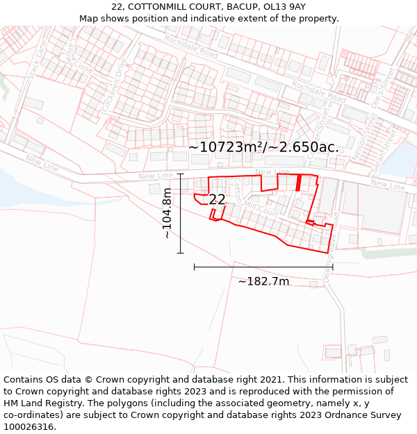 22, COTTONMILL COURT, BACUP, OL13 9AY: Plot and title map