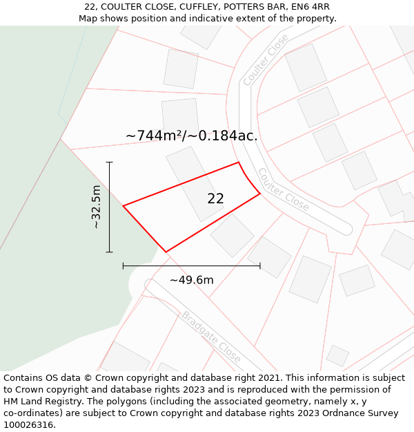 22, COULTER CLOSE, CUFFLEY, POTTERS BAR, EN6 4RR: Plot and title map