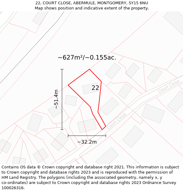 22, COURT CLOSE, ABERMULE, MONTGOMERY, SY15 6NU: Plot and title map