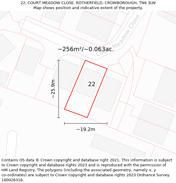 22, COURT MEADOW CLOSE, ROTHERFIELD, CROWBOROUGH, TN6 3LW: Plot and title map