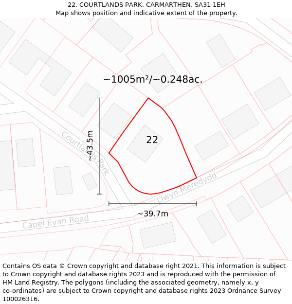 22, COURTLANDS PARK, CARMARTHEN, SA31 1EH: Plot and title map